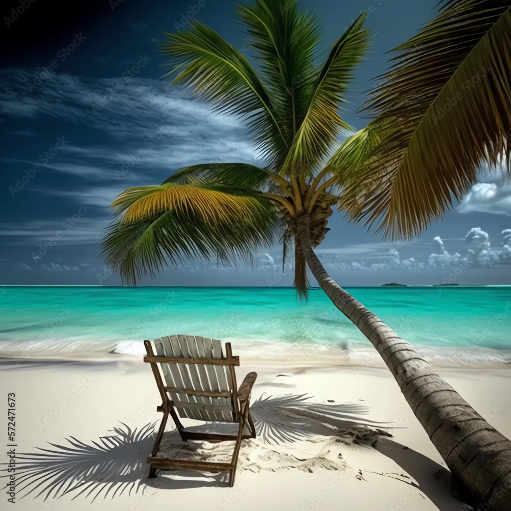Wooden chair underneath a palm tree on the beach generative ai 