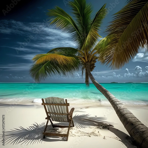 Wooden chair underneath a palm tree on the beach generative ai  © deyton