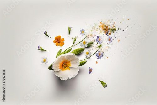 White and multicolor flowers, white background, green leaves