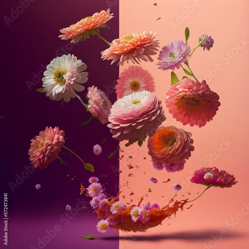 Multicolor flowers levitate, purple and pink background