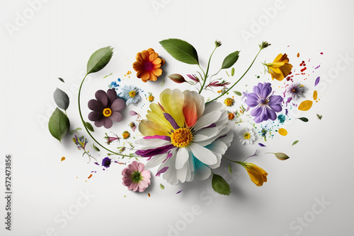 White background and multicolor flowers, green leaves 