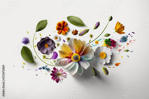 White background with multicolor flowers, green leaves 