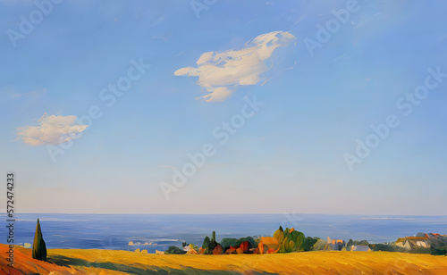 View from a hill covered with yellow grass to a village by the ocean  beyond the horizon a blue cloudy sky on a summer day. Generative AI Generative AI