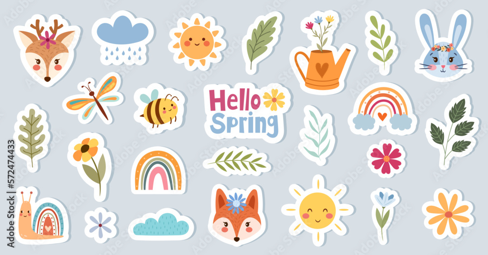 Cute hand-drawn spring stickers with animals and floral decor