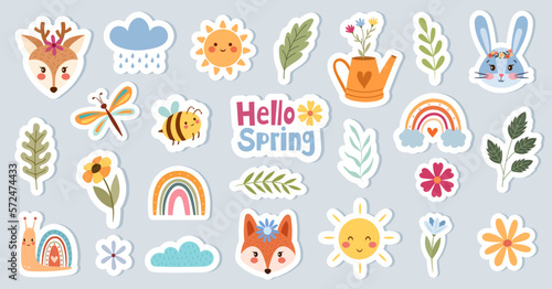 Tableau sur toile Cute hand-drawn spring stickers with animals and floral decor