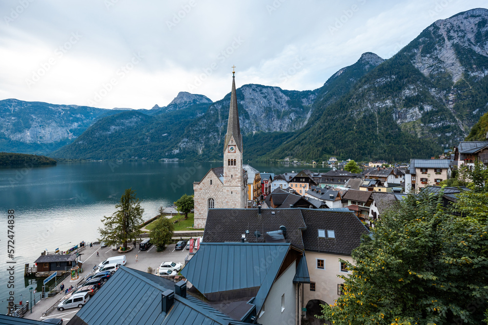 Scenic Postcard View of Hallstatt Mountain Village in Austrian Alps , Salzkammergut Region, Austria