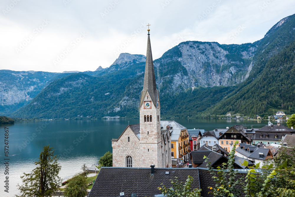 Scenic Postcard View of Hallstatt Mountain Village in Austrian Alps , Salzkammergut Region, Austria