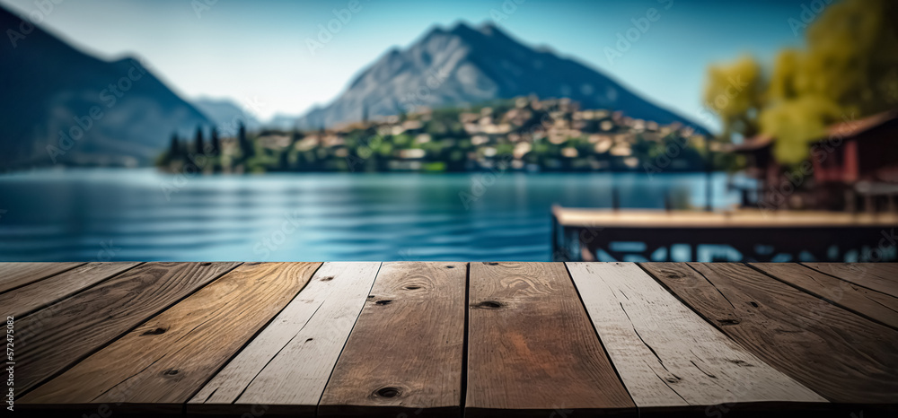 Empty wood table top with blurred gorgeous Italian lake scenery as background. for mounting your product