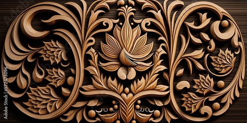 Fototapeta Naklejka Na Ścianę i Meble -  3d Wooden pattern Panel , With java Wooden carving Background For Wall, Carved into wooden with Abstract motif by ai generative