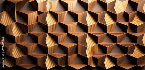 Fototapeta Naklejka Na Ścianę i Meble -  3d Wooden pattern Panel, With Wooden Background For Wall, 3d illustration. Abstract low poly background. Polygonal shapes background, geometric shape with wood texture by AI Generative