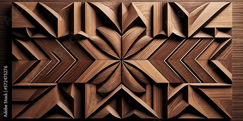 Fototapeta Naklejka Na Ścianę i Meble -  3d Wooden pattern Panel, With Wooden Background For Wall, 3d illustration. Abstract low poly background. Polygonal shapes background, geometric shape with wood texture by AI Generative