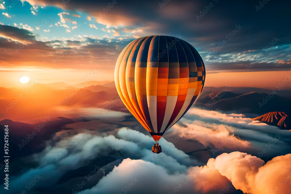 Obraz premium Soaring Through the Clouds with a Hot Air Balloon. Thrilling Hot Air Ballooning Experience. Generative AI