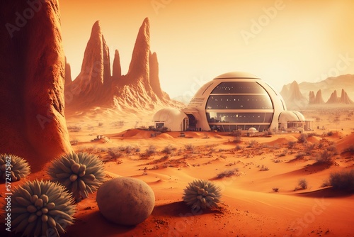 Foto Human colony on planet Mars with retro futuristic buildings