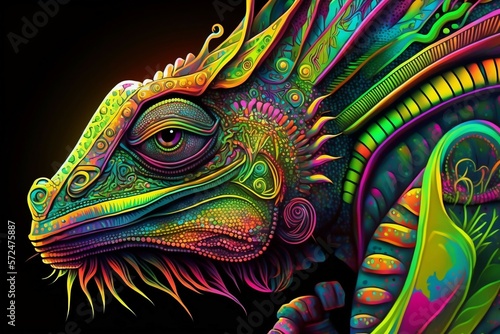 Mythical Majesty: Psychedelic Dragon in Detail. Ai generative © Andrii