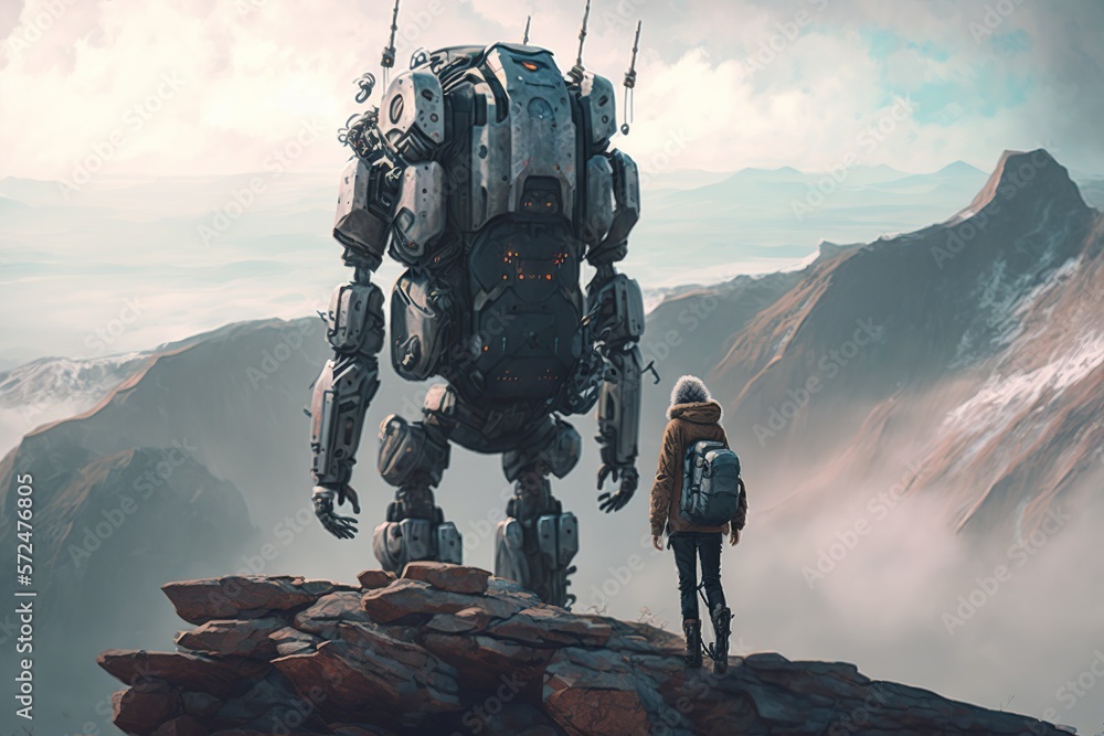 Hiker On Top Of Mountain Standing Next To A Robot With A Large Backpack 