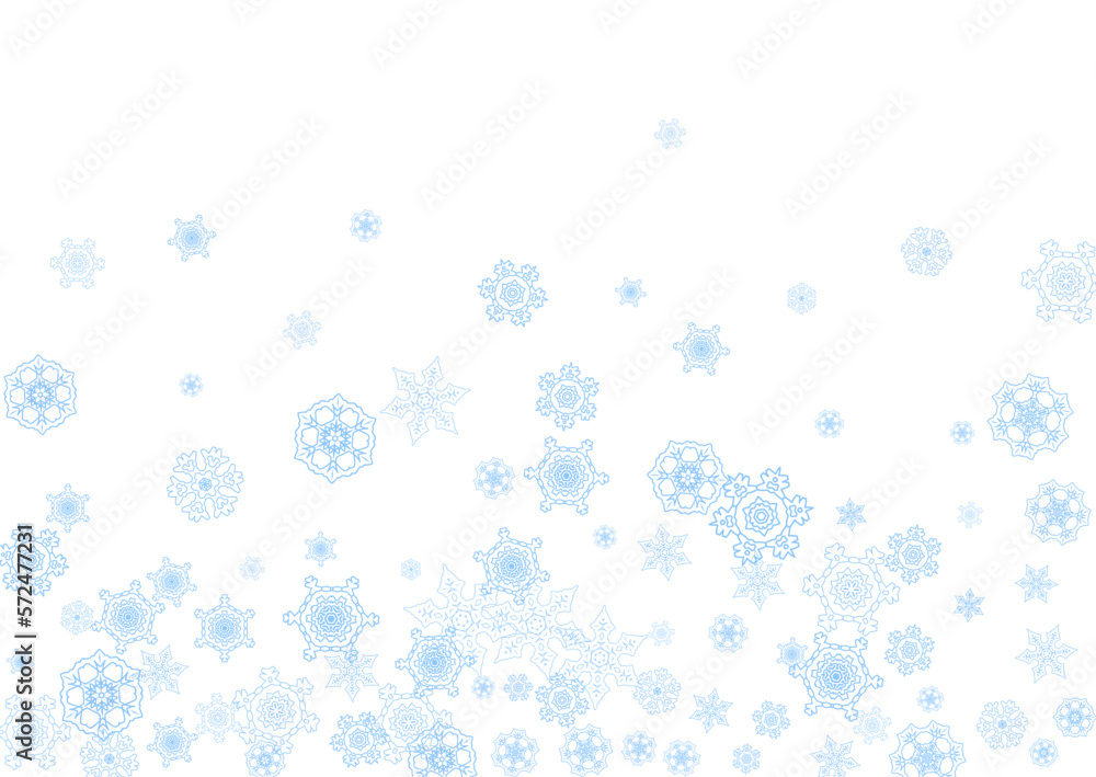 Winter frame with blue snowflakes for Christmas and New Year celebration. Horizontal winter frame on white background  for banners, gift coupons, vouchers, ads, party events. Falling frosty snow.