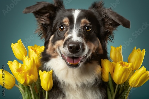 Smiling dog holds bouquet of yellow daffodils, concept of Joyful and Friendship, created with Generative AI technology