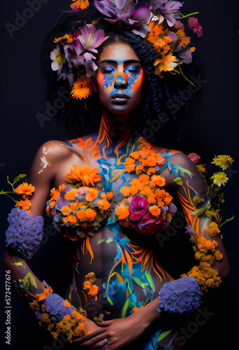 Beautiful flower queen. Girl flower Fantasy. Young women with a flowers. Generative AI.