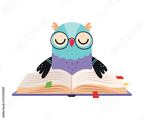 Cute owlet in glasses reading book. Funny smart bird character. Kids education concept cartoon vector illustration
