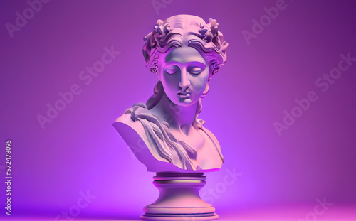Female antique statue's head on purple neon lights background. Generative AI.