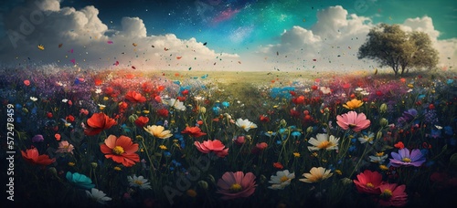 field of flowers in bloom symbolizing renewal and growth that spring brings, created with Generative AI technology photo