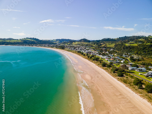 Scenic aerial landscapes of New Zealand's Coromandel Peninsula along the east coast of the North island.