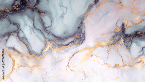 Abstract pink and blue marble liquid texture with gold splashes, luxury background © Alina
