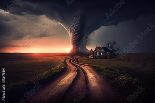 Dramatic Storm at Sunset with Tornado and Sheet Lightning. Generative AI © EwaStudio