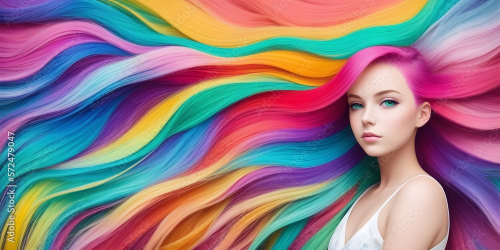 Pretty girl with colorful hair. Young woman with rainbow dyed hairstyle. Female face on background of colored fluttering curls. Professional haircut and coloring. Generative AI