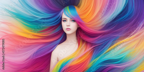 Pretty girl with colorful hair. Young woman with rainbow dyed hairstyle. Female face on background of colored fluttering curls. Professional haircut and coloring. Generative AI
