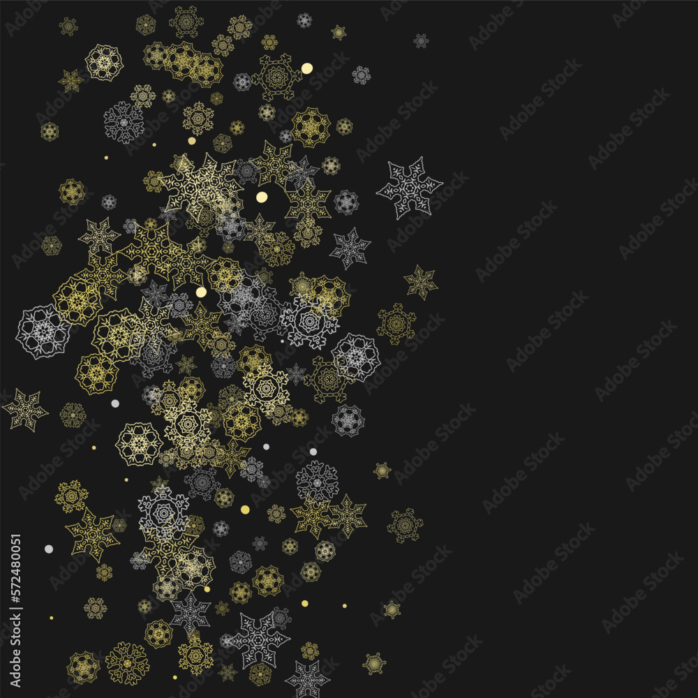 Fototapeta premium Glitter snowflakes frame on black background. Winter window. Shiny Christmas and New Year frame for gift certificate, ads, banners, flyers. Falling snow with golden glitter snowflakes for party invite
