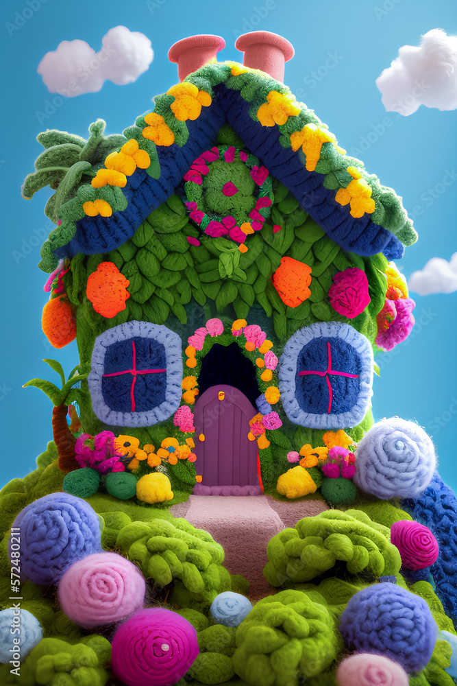 generative AI. cute colorful miniature fantasy house design with tropical flowers and plants made of wool. Kids cartoon animation movie style