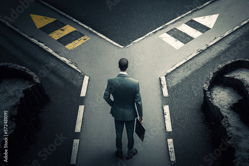 Businessman stands at a fork in the road and looks where he should go, concept of Decision-Making and Dilemma, created with Generative AI technology photo