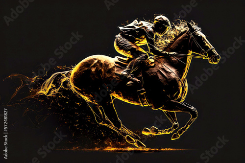Fotografie, Obraz horse racing with golden silhouette, ai