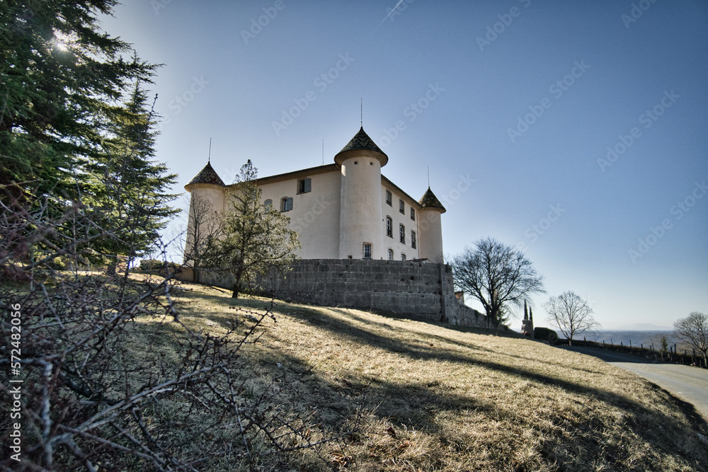 Fototapeta premium Castle in Aiguines village (Gorges du Verdon) and Sainte-Croix lake in the Provence-Alpes-Côte d'Azur region, France
