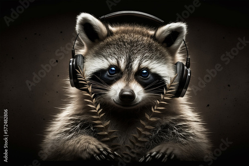 Handsome fluffy raccoon wearing headphones and listening podcast about sustainable living. Generative AI