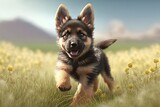 Cute Cartoon German Shepherd Puppy Running through a Meadow (Created with Generative AI)
