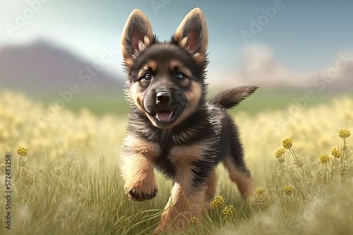 Cute Cartoon German Shepherd Puppy Running through a Meadow (Created with Generative AI) photo