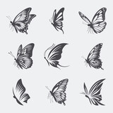 Vector Monochrome Black and White Hand Drawn Butterfly Icon Set Isolated on White Background. Butterflies Collection, Vintage Vector Design Elements of Butterfly Silhouettes