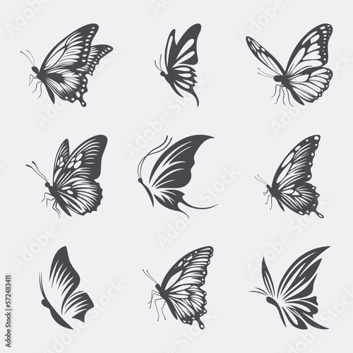 Vector Monochrome Black and White Hand Drawn Butterfly Icon Set Isolated on White Background. Butterflies Collection, Vintage Vector Design Elements of Butterfly Silhouettes