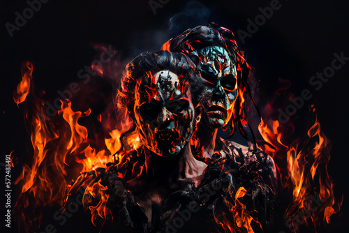 Zombies In Fire. Apocalyptic. Halloween concept. Generative AI.