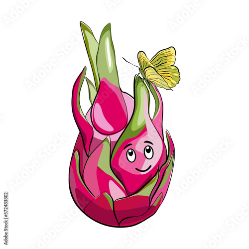 Dragonfruit character design with funny face and butterfly vector illustration 