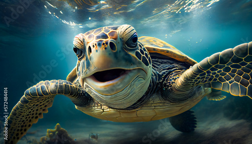 Joyful smiling sea turtle swimming underwater. Generative AI