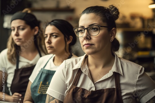 Group of women, curvy, employed in a pastry shop. Ai generated