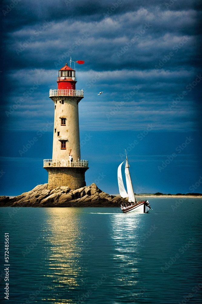 A lighthouse and a sailboat by the sea - generative ai