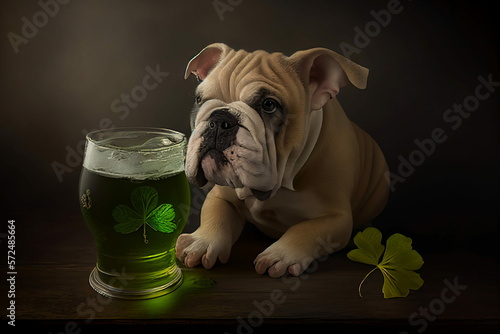 St Patricks Day Lucky Dog and Happy St. Patricks Day Bulldog who has Luck of The Irish, Four Leaf Clover, Shamrock Animal, Green Beer, Generative AI © Steve