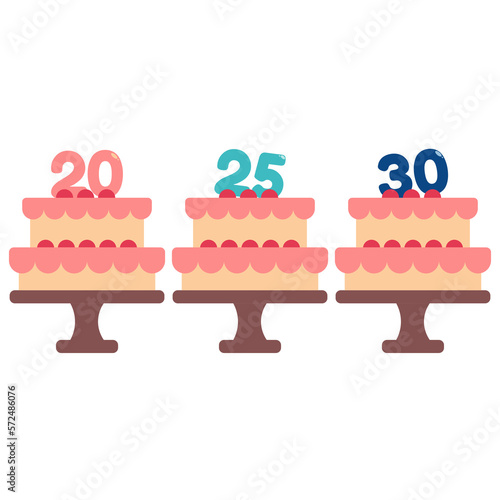 Set of birthday cakes with numbers. 20, 25, 30. Flat vector illustration.