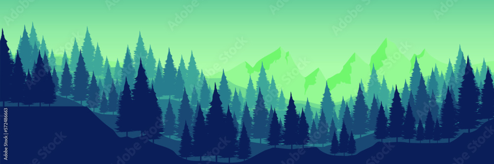 Fototapeta premium misty outdoor mountain landscape with tree silhouette flat design vector illustration good for wallpaper, background, backdrop, banner, and design template 