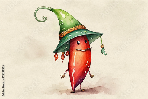 Cute little red and green chili pepper smiling eyes anthropomorphism watercolor, Generative AI
