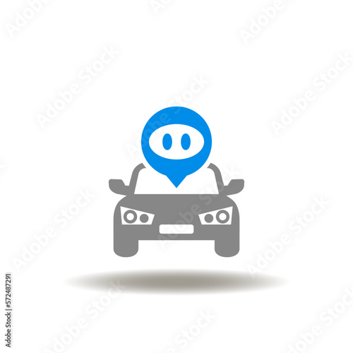 Vector illustration of car and map pointer. Icon of robot drone vehicle. Symbol of robotaxi. Sign of autonomous automotive driverless AI robotic taxi.